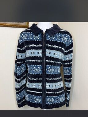 Source Unknown Navy and Light Blue Fair Isle Zip Cardigan